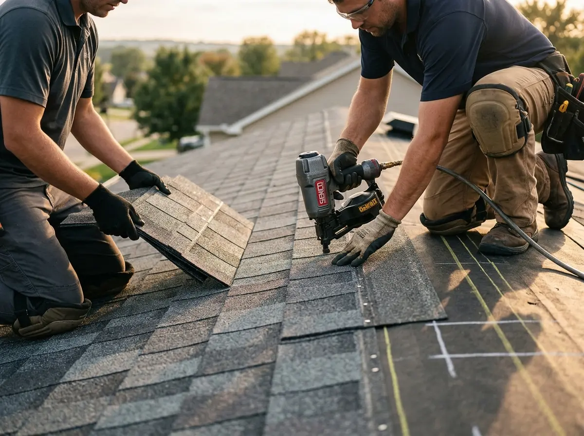 Professional roofer working on a residential roof in Ellisville